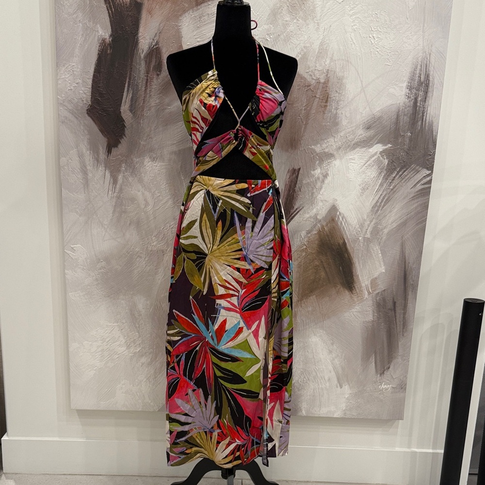 Zara Multicolor Tropical Halter Midi Dress